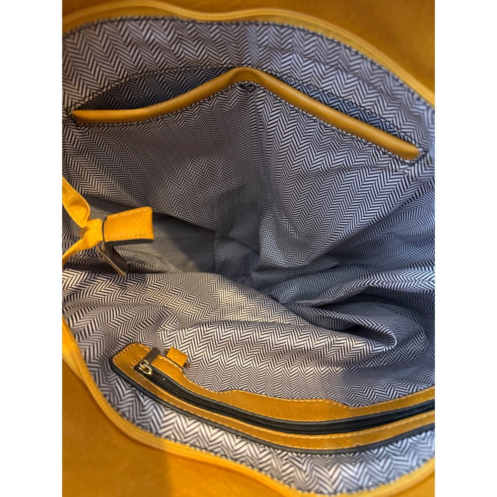 Slate Blue and Mustard Yellow Vegan Leather Hobo Bag with Chevron Lining - Picture 7 of 7